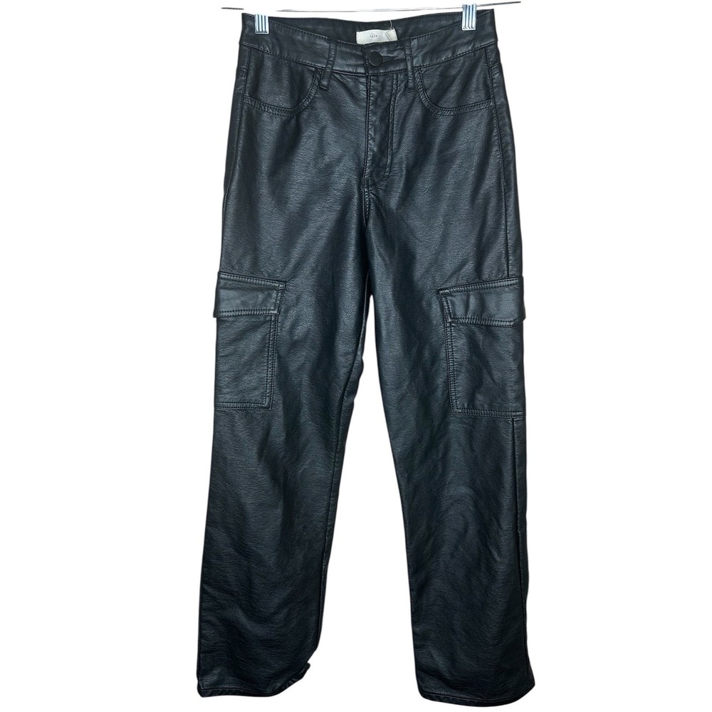 TGLA Black Faux Leather Cargo Pants High Rise Straight Leg PW2004578 Womens 1/25
